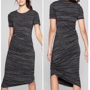 Athleta Downtown Women Small Gray Rouched Asymmetrical Dress Stretch Short Slv